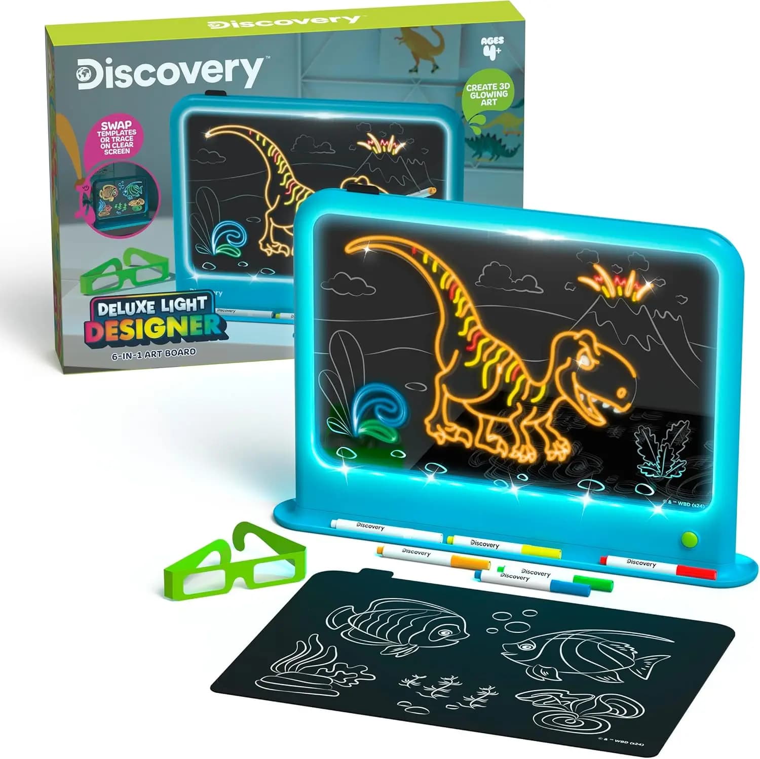 Tavoletta da Disegno LED 6-in-1 con Occhiali 3D, Pennarelli Lavabili, Modelli - Set Artistico per Bambini