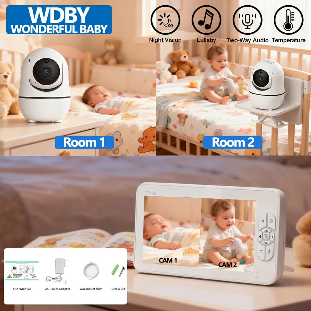 Baby monitor HD da 7 pollici con 2 telecamere, zoom 4x, schermo diviso, audio bidirezionale, visione notturna IR, batteria da 4000 mAh, monitoraggio tata