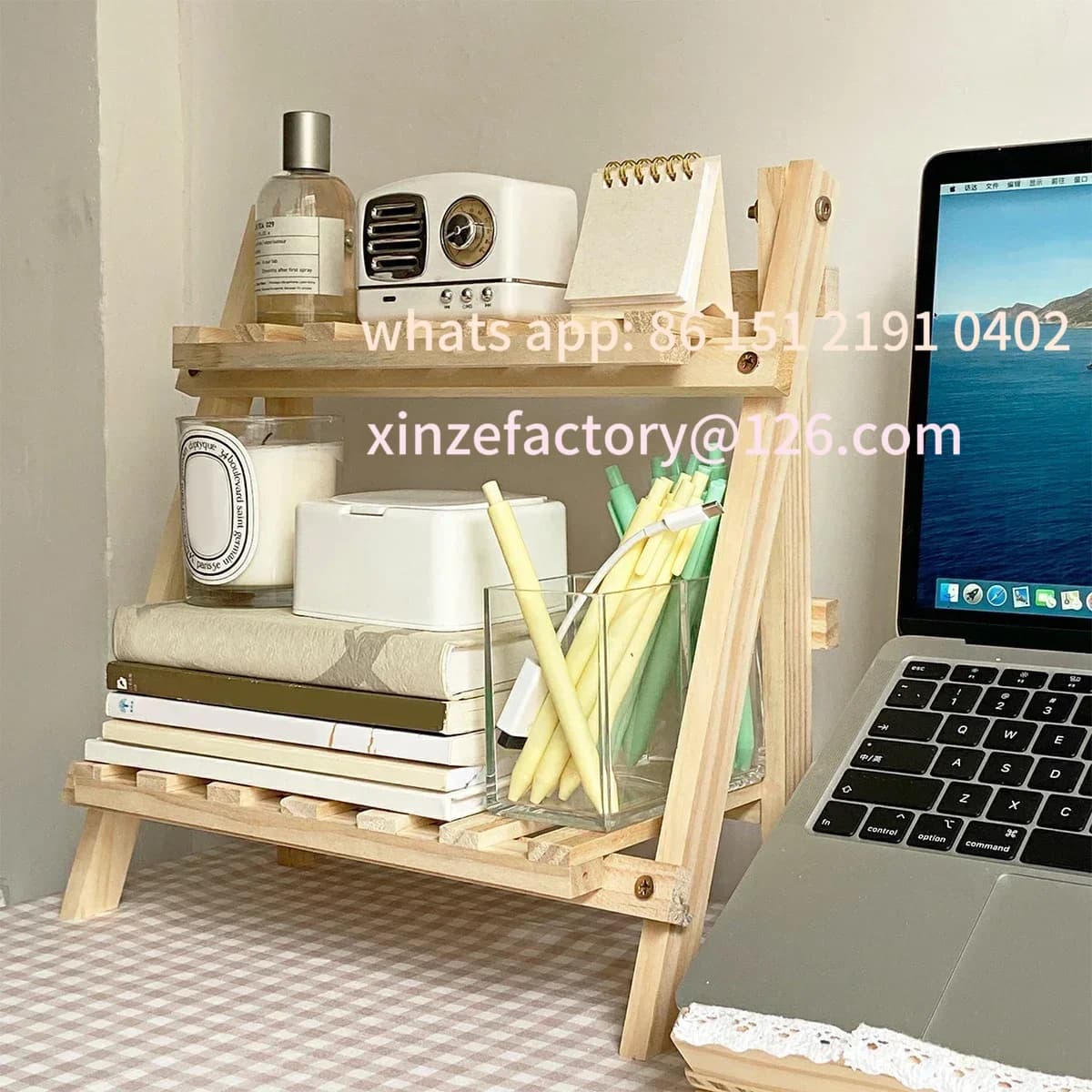 Scaffale portaoggetti da scrivania in legno personalizzabile a 2 livelli, pieghevole, organizer da scrivania per dormitorio