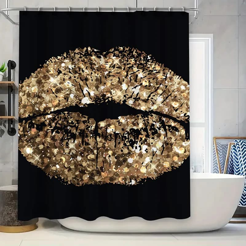 Tenda da doccia con stampa labbra glitter dorate, fodera decorativa da bagno per il bagno di casa, tessuto resistente all'acqua stampato in 3D, sfondo nero