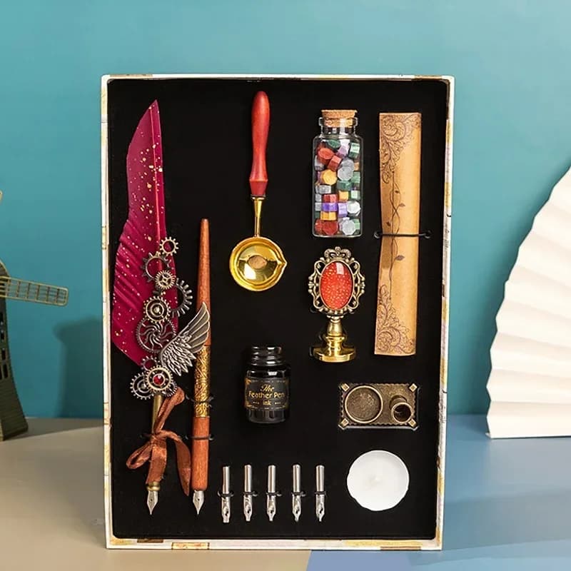 Double Pen Antique Feather Dip Pen Kit Retro Wooden Dip Pen Set Classic Wax Seal Stamp Kit for Calligraphy Art Words Gifts