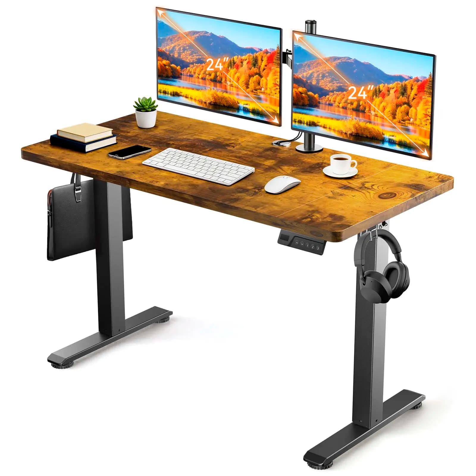 Scrivania elettrica regolabile in altezza 48x24 pollici con 3 impostazioni di memoria, organizer per cavi, ganci e fascette in velcro – Rustic