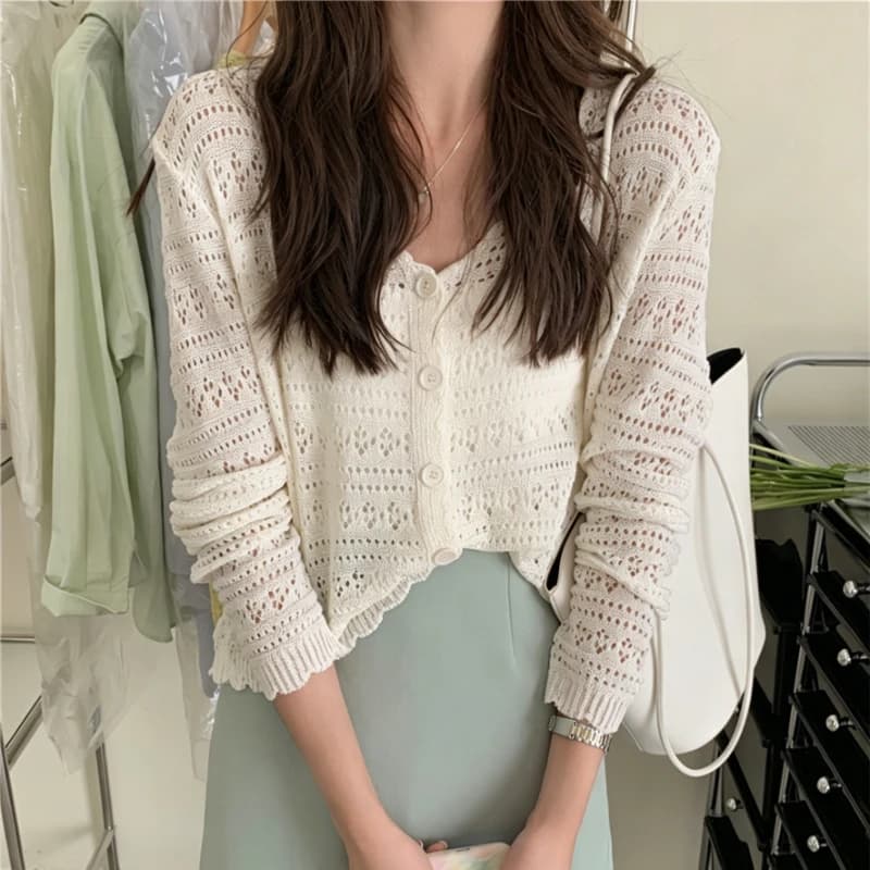Cardigan estivo da donna con bottoni, maglia pointelle, stile coreano, manica lunga, leggero, protezione solare.