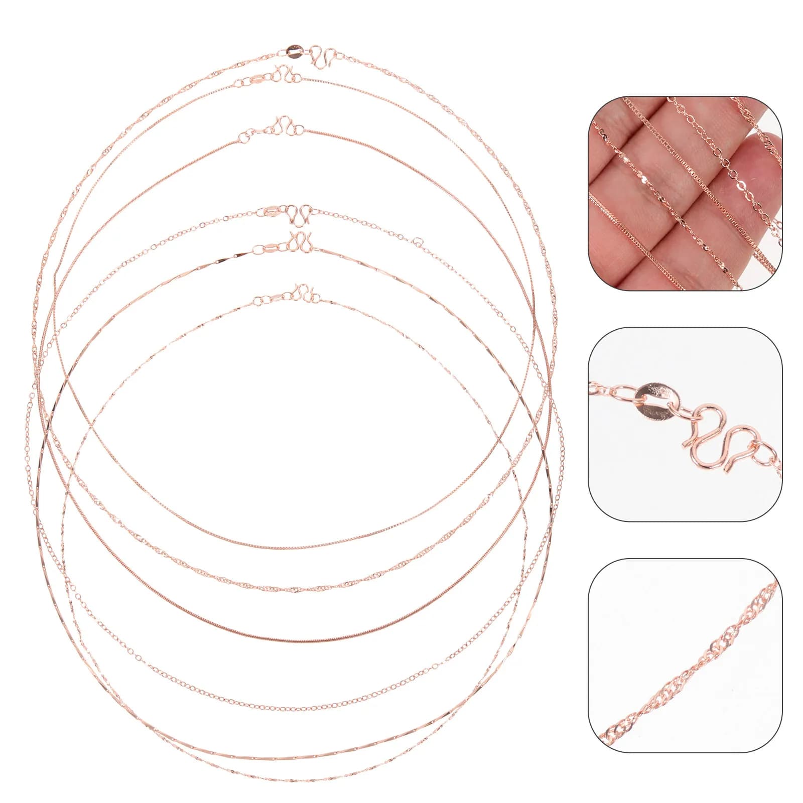 6 Pezzi Catene per Collane in Oro Rosa, Stili Diversi, Catene Lunghe in Rame per Creazione Gioielli Fai-da-Te, per Collane, Bracciali, Regali