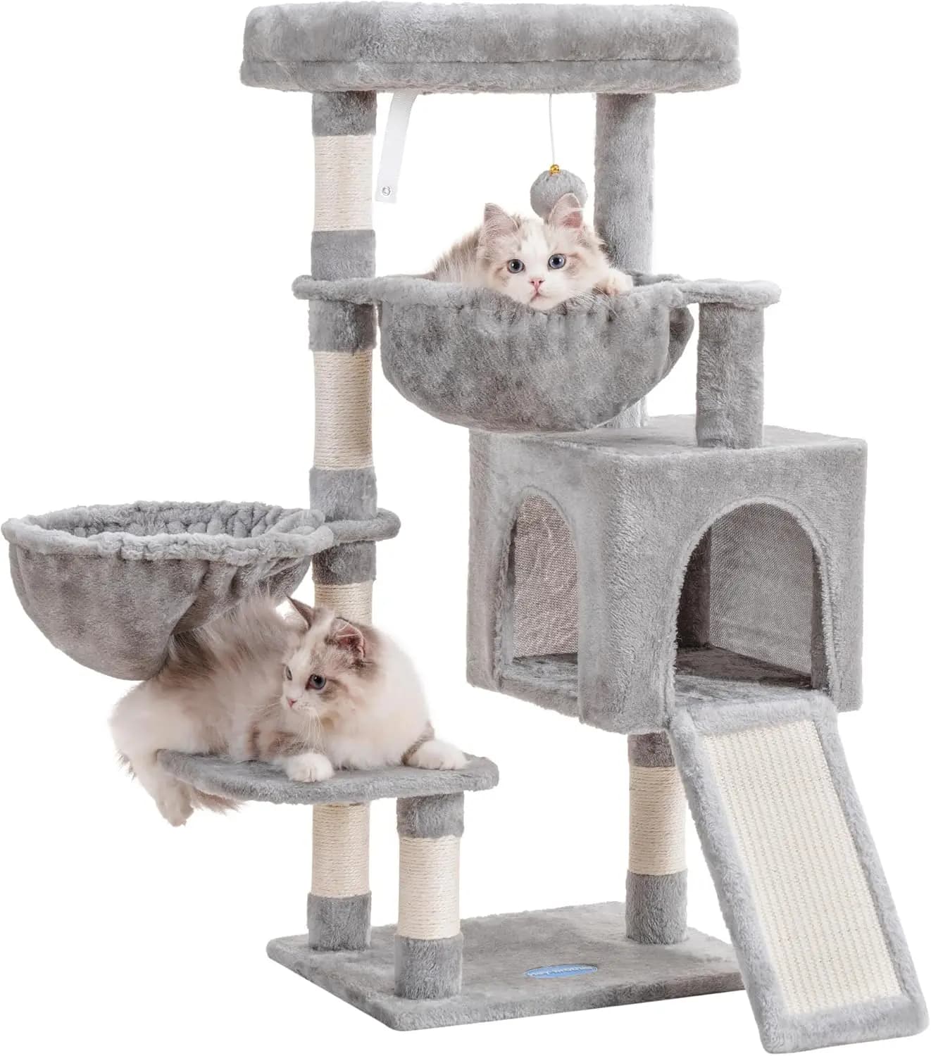 Albero per gatti con grande letto imbottito, amache e tiragraffi in sisal – Grigio chiaro per uso interno