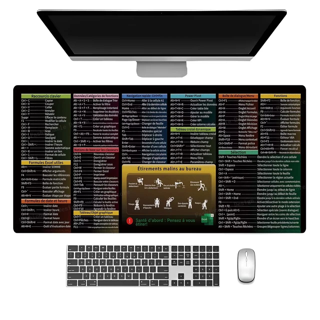 Tappetino per Mouse con Scorciatoie Excel in Francese, Protezione in Gomma per Tastiera e Mouse, Accessorio da Ufficio e Gaming