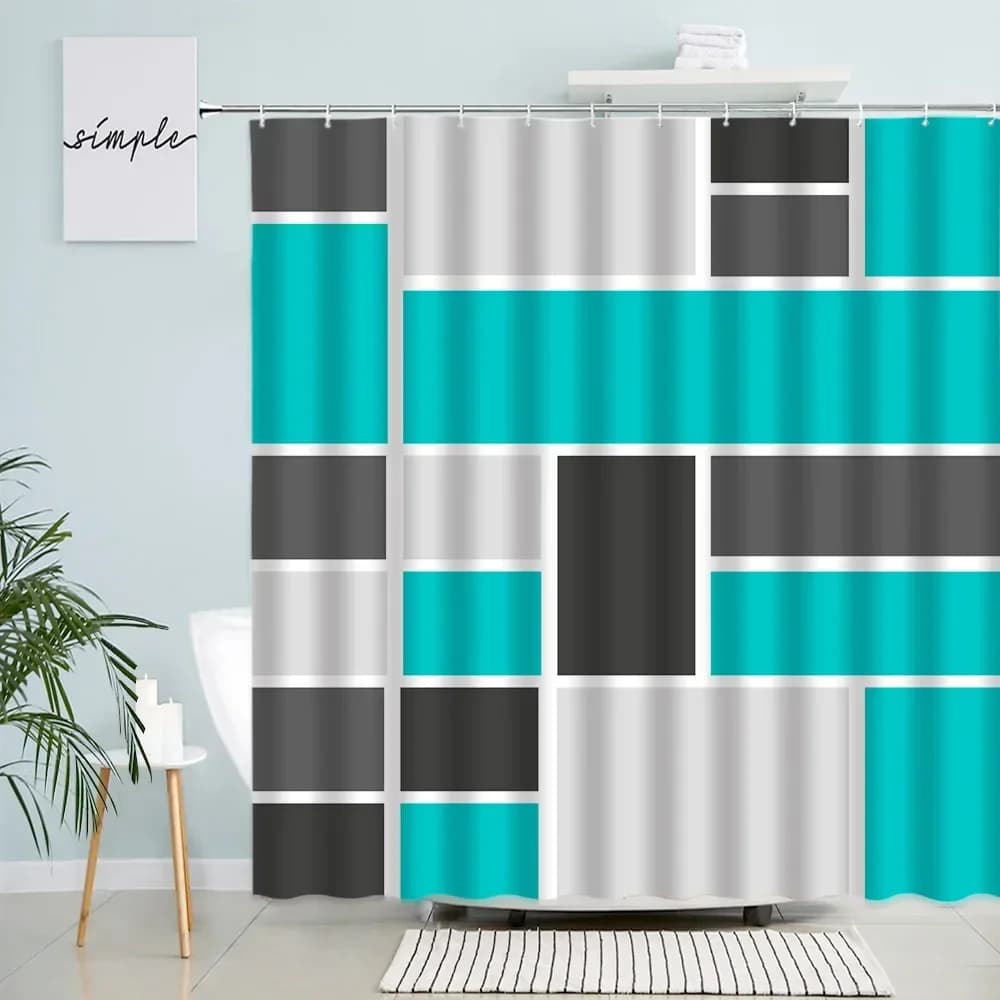 Tende da doccia geometriche Creative nero grigio turchese quadrato Plaid Set di tende da bagno in tessuto di poliestere decorazioni per il bagno con ganci