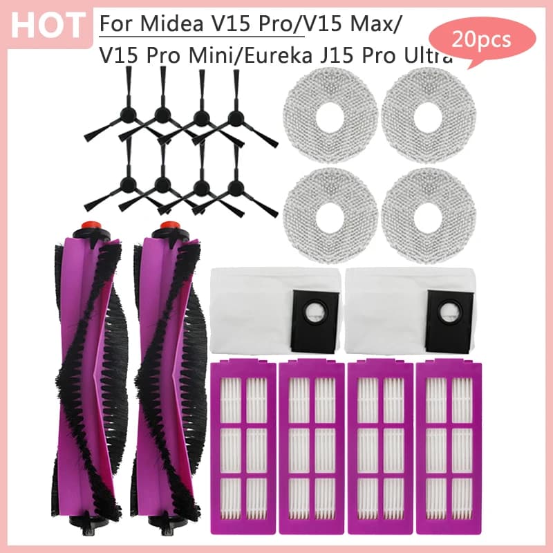 For Midea V15 Pro V15 Max V15 Pro Mini Eureka J15 Pro Ultra Robot Vacuum Cleaner Main Side Brush Hepa Filter Dust Bag Rag Parts