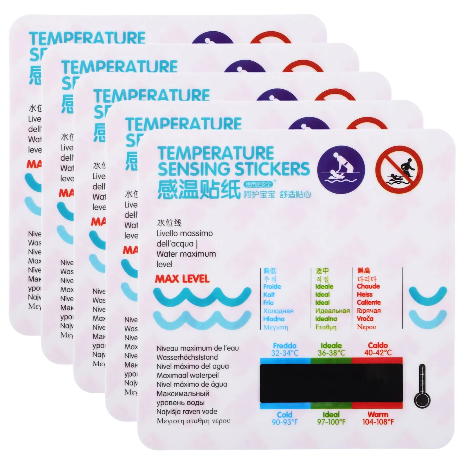 Adesivo per termometro da bagno per bambini da 5 pezzi Adesivo impermeabile per la temperatura dell'acqua per vasca da bagno Termometro con display LCD facile da leggere