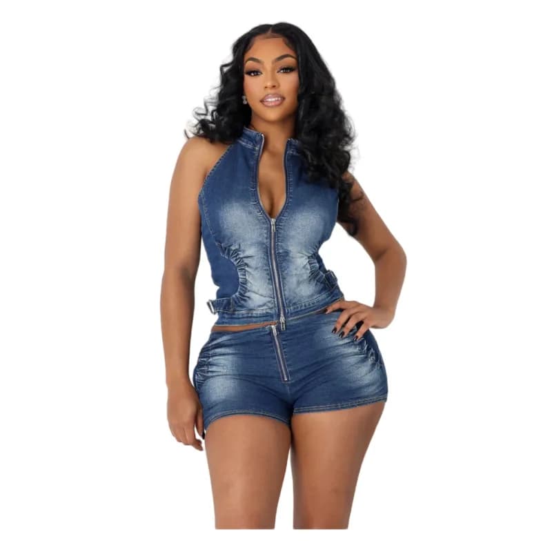 Nuovo set da due pezzi estivo 2025 da donna in denim elasticizzato alla moda. Top senza maniche con colletto rialzato e cerniera slim fit + pantaloncini attillati
