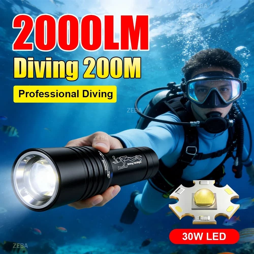 Torcia Subacquea IPX8 Impermeabile 200m, 2000LM LED ad Alta Potenza, Ricaricabile USB per Immersioni e Snorkeling