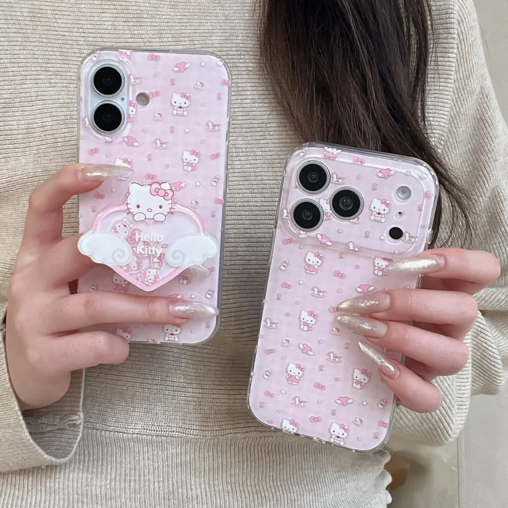 Custodia Protettiva di Lusso Rosa con Ali di Gatto KT e Supporto per iPhone 17 Pro Max 16 Pro 15 Pro 14 Pro Max