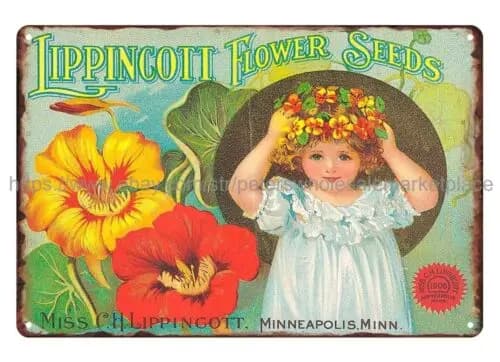 1906 Lippincott, C.H., Miss Lippincott Flower Seeds metal tin sign garage decor sign