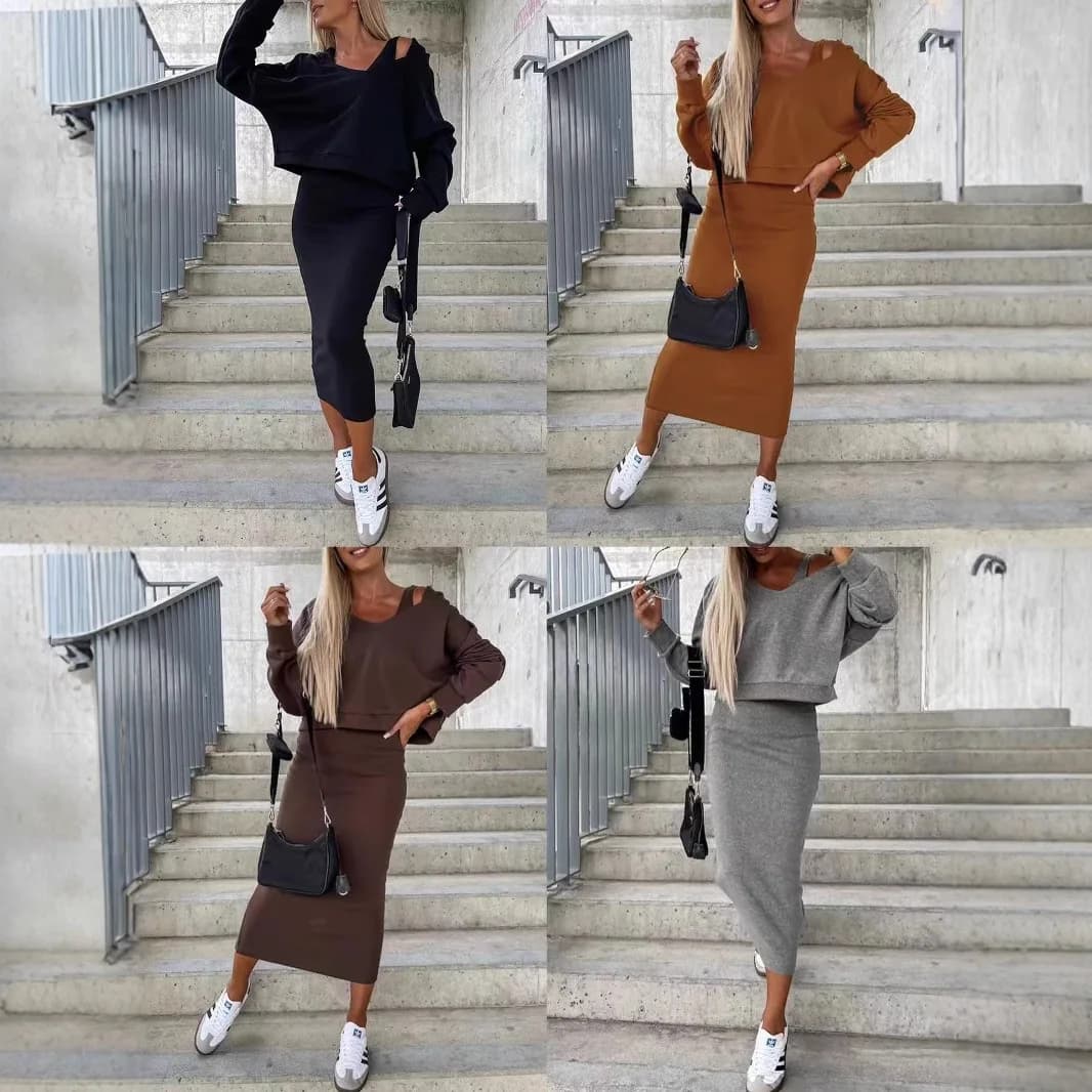New 2025 Women's Autumn Winter Two-Piece Set V-Neck Hoodie Sweater Vest Dress Fashionable British Style Pure Color Polyester
