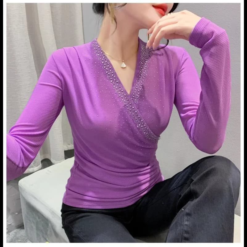 Autunno Nuovo T-shirt con scollo a V Heavy Duty Hot Diamond Moda donna Slim Fit Versione coreana Camicia base Manica lunga All-match Donna