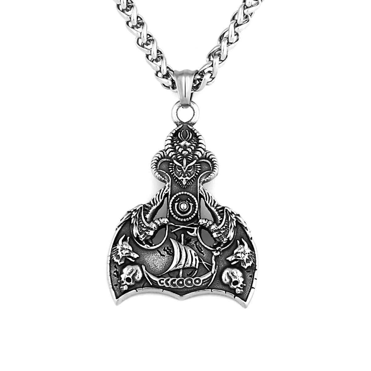 Collana con ciondolo in acciaio inossidabile da uomo con ancora vichinga, testa di lupo, corvo, stile europeo e americano, barca drago