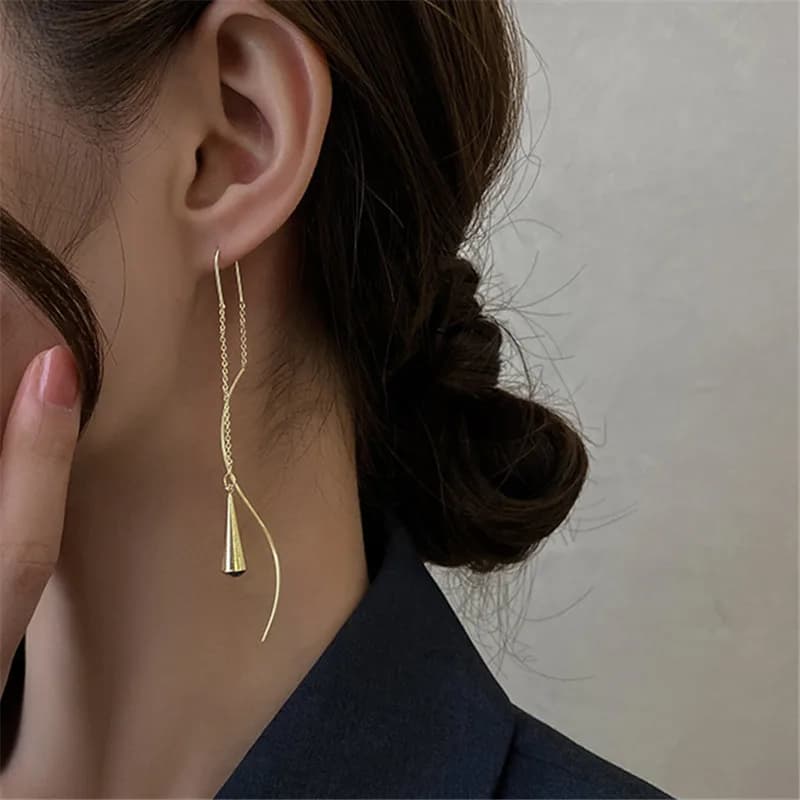 S Curve Thin Wire Solid Teardrop Threader Earrings 14K Gold Plated Minimalist Long Face Slimming Elegant Office Women Jewelry