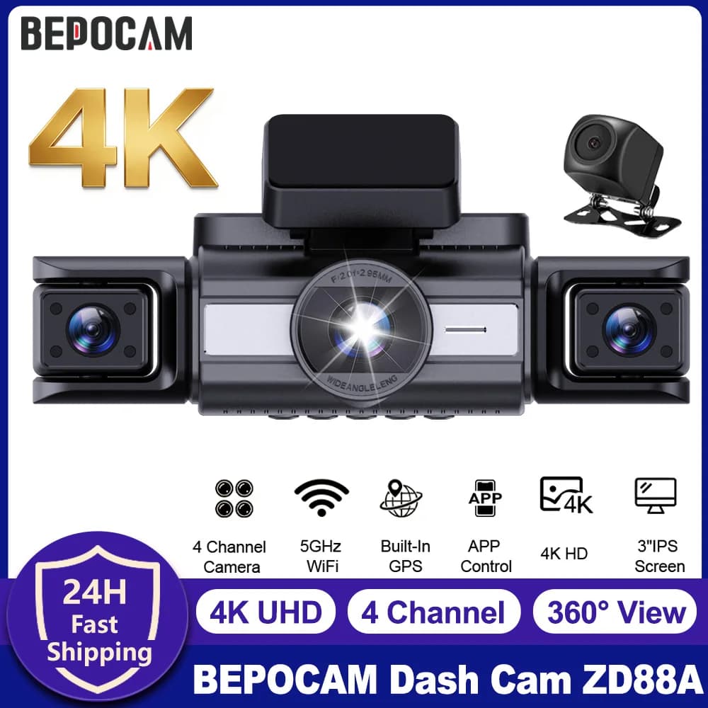 BEPOCAM Dash Cam a 4 Canali 4K Telecamera Frontale 360 ° Telecamera Posteriore Sinistra e Destra per Auto con Visione Notturna, Controllo WiFi e APP, Scatola Nera per Auto
