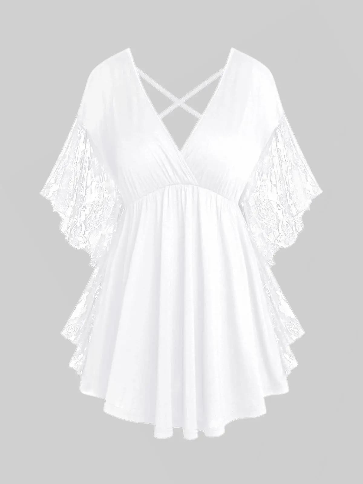 ROSEGAL T-shirt casual da donna taglie forti con inserto in pizzo floreale e maniche a farfalla, scollo a V incrociato, tinta unita, streetwear casual 2026
