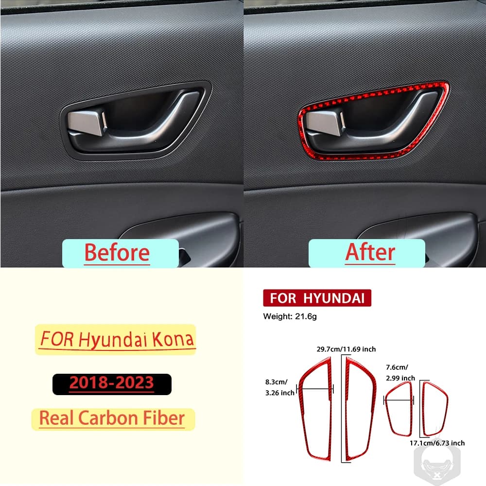For Hyundai Kona 2018—2023 Car Interior door handle Frame Trim Real Soft Carbon Fiber Interior Accessories Decoration Stickers