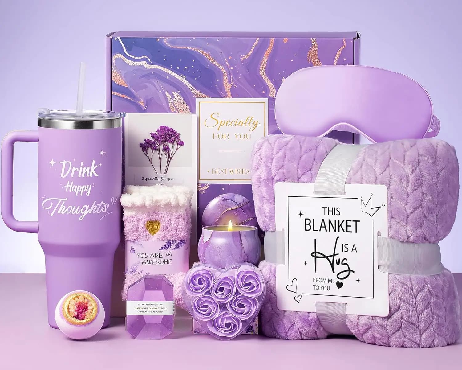 Purple spa gift basket for woman: cozy blanket, 40 ounces glass, lavender color candle: a perfect birthday or a great gift
