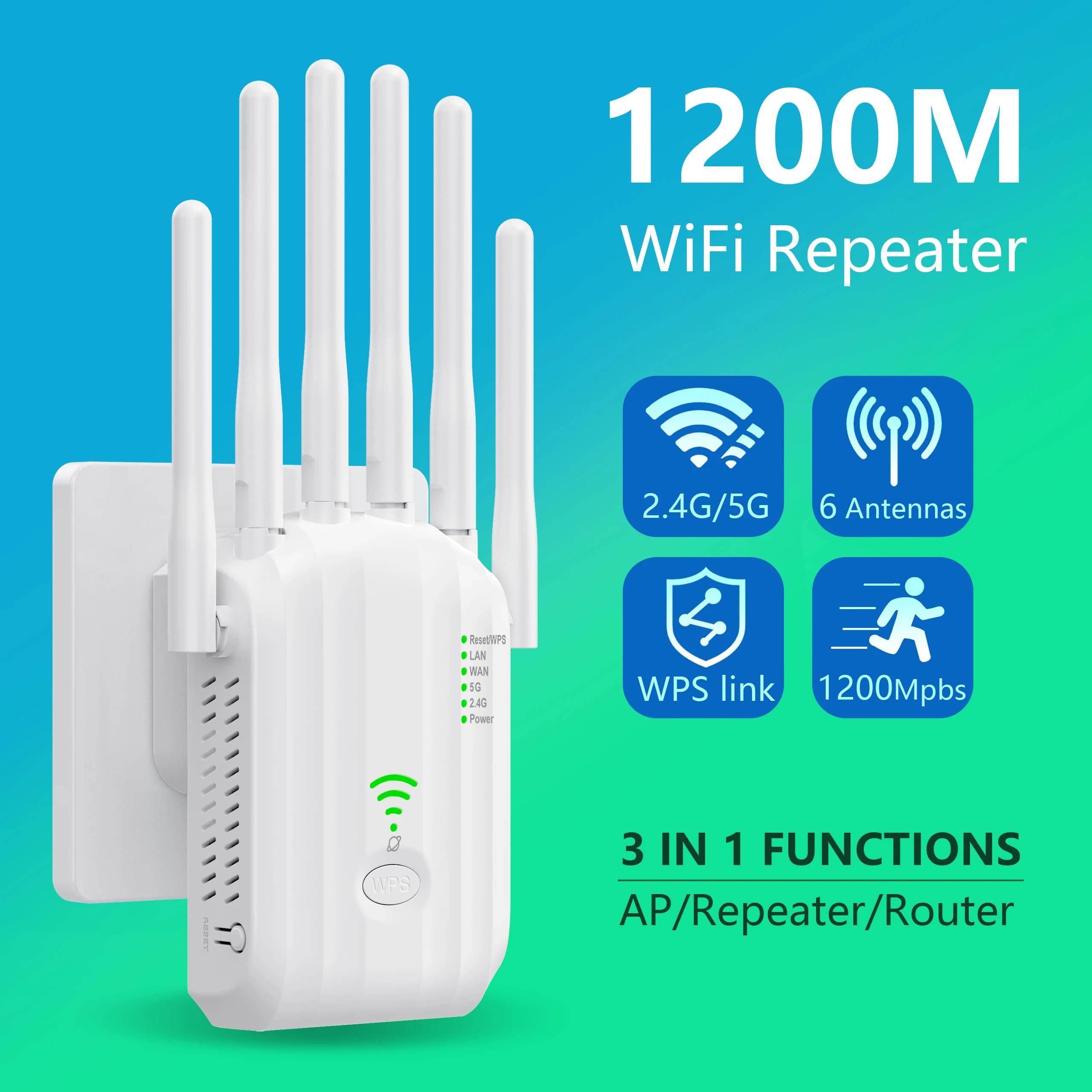 Ripetitore WiFi 5Ghz AC1200 Amplificatore extender WiFi wireless 1200Mbps 2.4G/5GHz Dual Band WPS Ripetitore di segnale Rete a lungo raggio