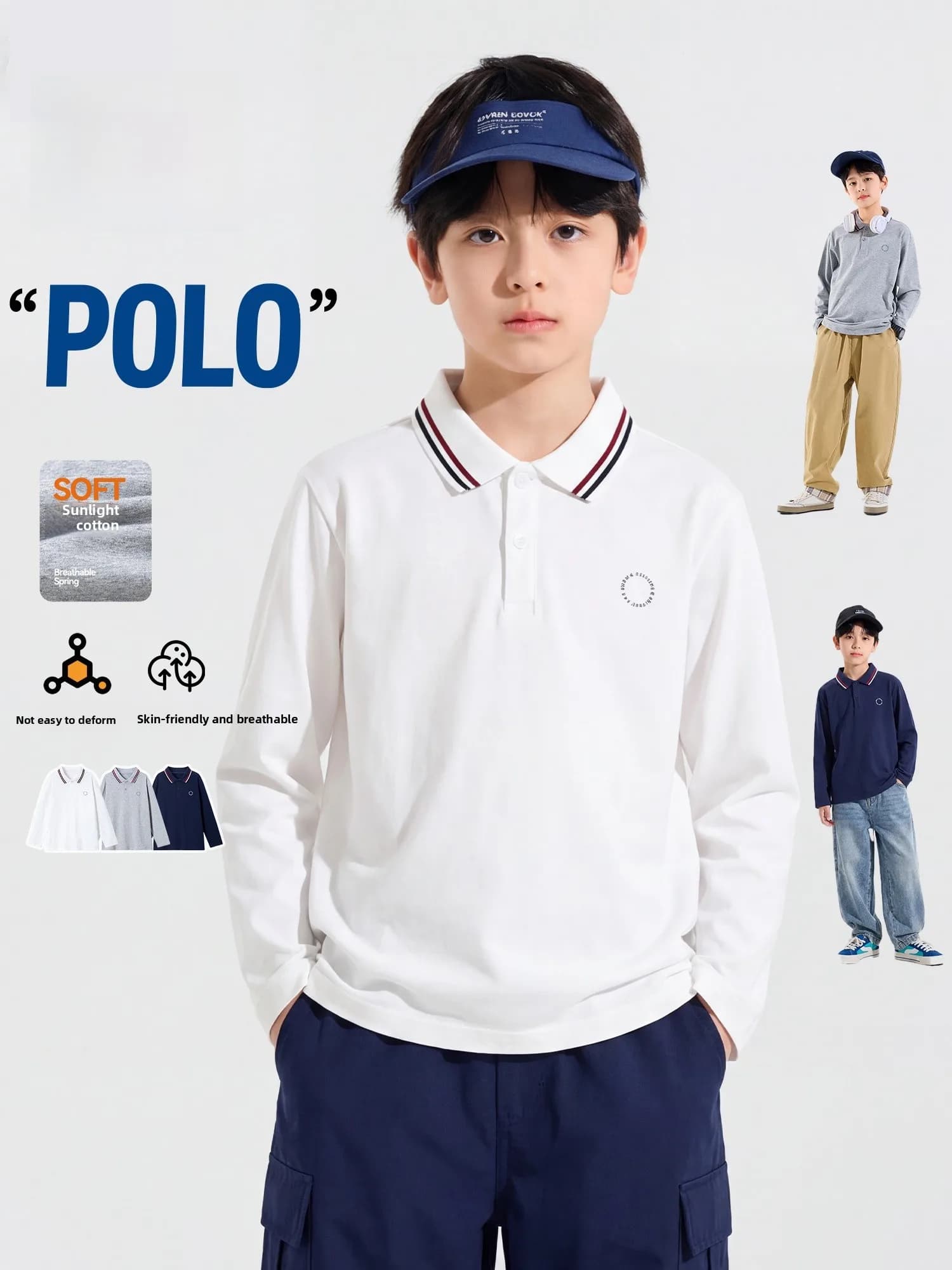 Bluem Boys Long Sleeve Neck T-Shirt Children's Autumn New Style Base Shirt Cotton Polyester Blend Comfortable Breathable
