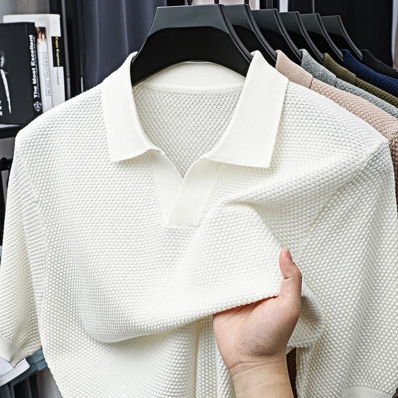 100Cotton High-End Brand Men's Lapel Short Sleeve T-Shirt Summer New Solid Color Small V-Neck Fashion Business Leisure Men'swear