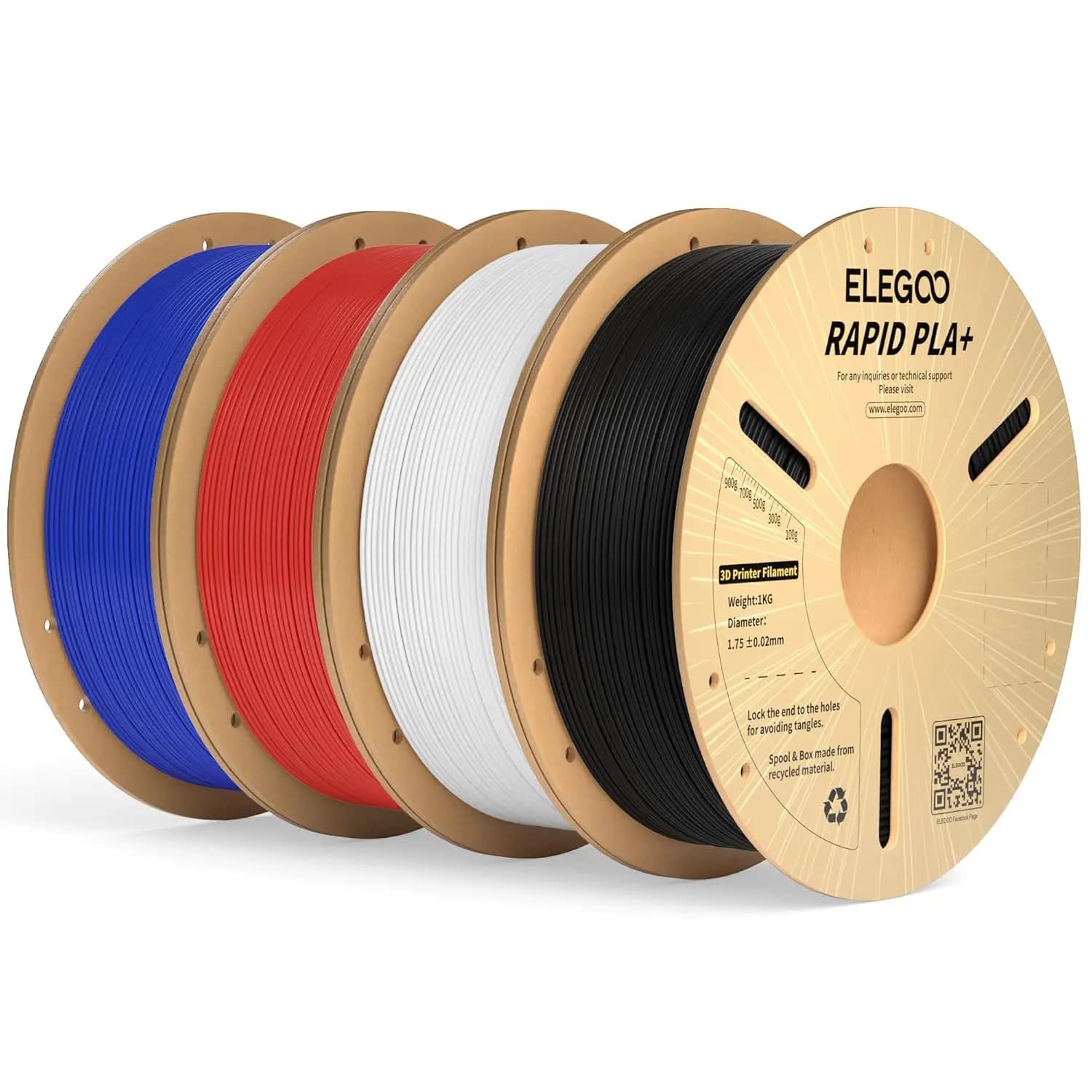 Filamento PLA+ per Stampante 3D a Stampa Rapida, 1.75mm, 4KG con Precisione Dimensionale +/-0.02mm, Nero/Bianco/Blu/Rosso