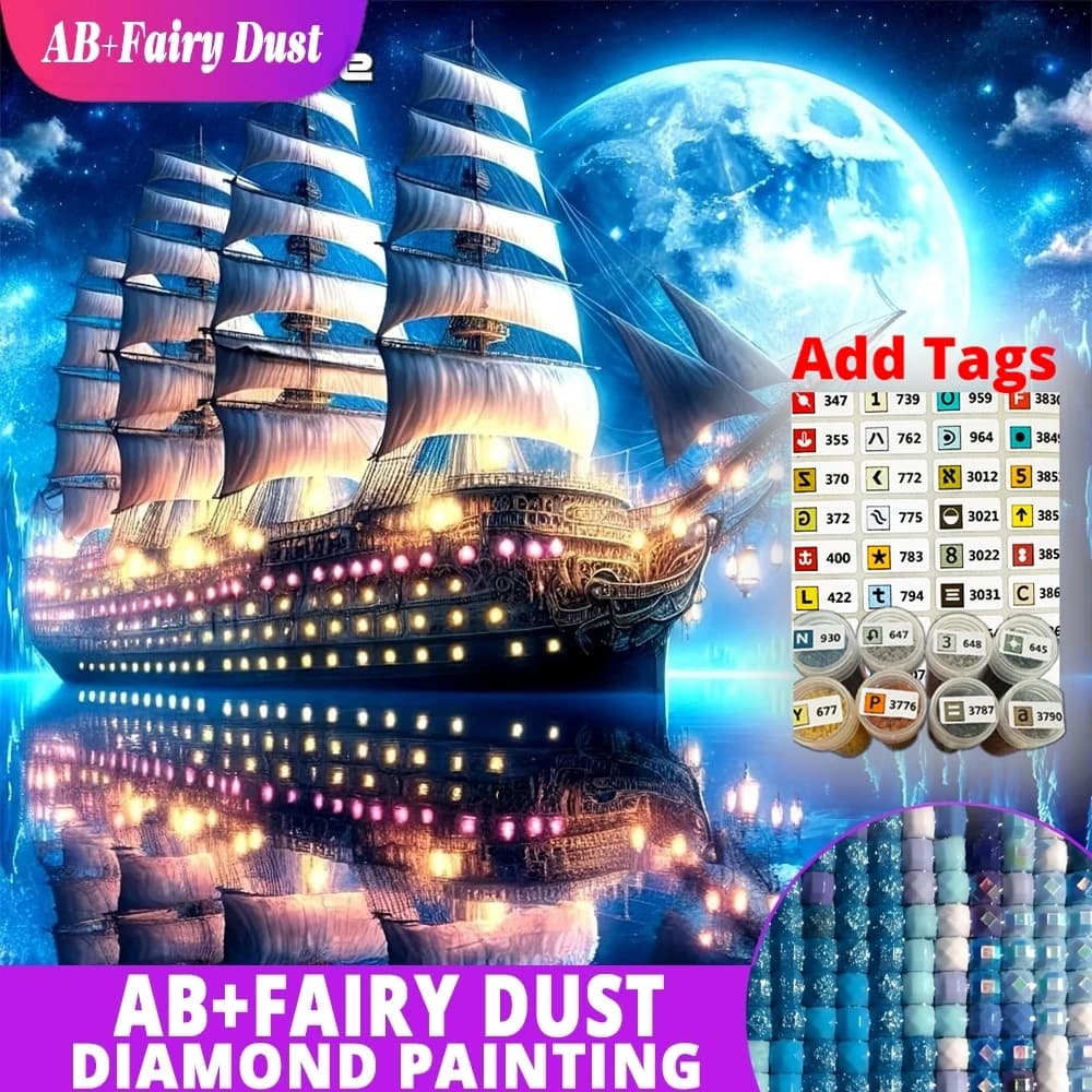 Fairy Dust AB New Arrival Diamond Mosaic Landscape Boat Embroidery Velvet Canvas Mountain Rhinestones Cross Stitch Painting Moon