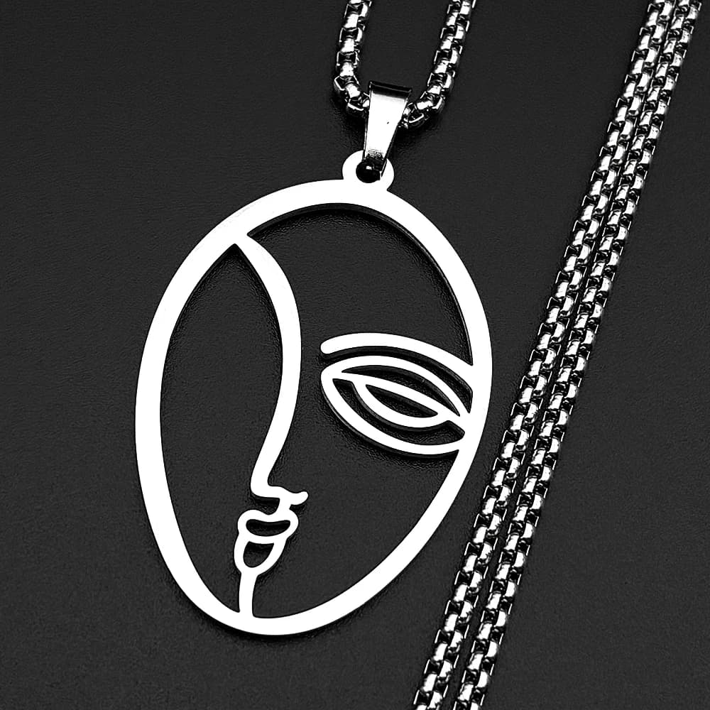 Stainless Steel Hollow Abstract Face Pendant Necklace Minimalist Line Women Jewelry Modern Art Aesthetic Trendy Accessory Gift