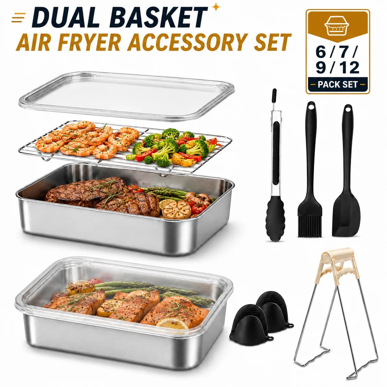 6/9/12 Pack Dual Zone Air Fryer Accessories Stainless Steel Baking Pan With Wire Rack Lid Reusable Liner Set For Kitchen Cooking