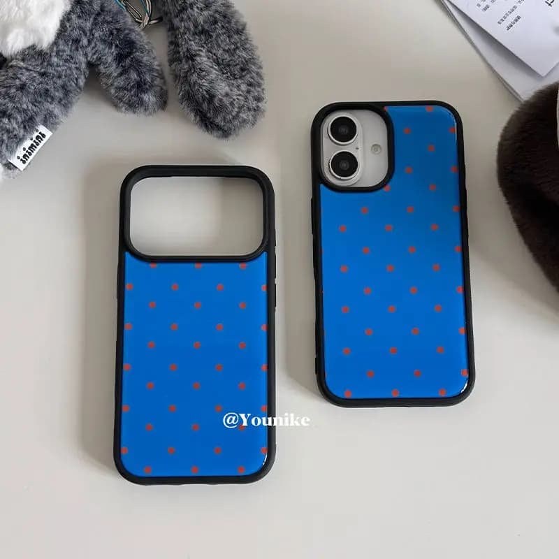 Cover per iPhone 17 16 15 14 13 12 11 Pro MAX Plus 17air con motivo a pois blu coreano e superficie lucida, con colla a goccia