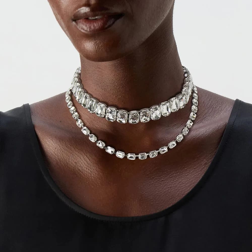 New geometric double-layer necklace with a high-end feel, Rhine stone lock bone chain, daily versatile accessory for women's nec
