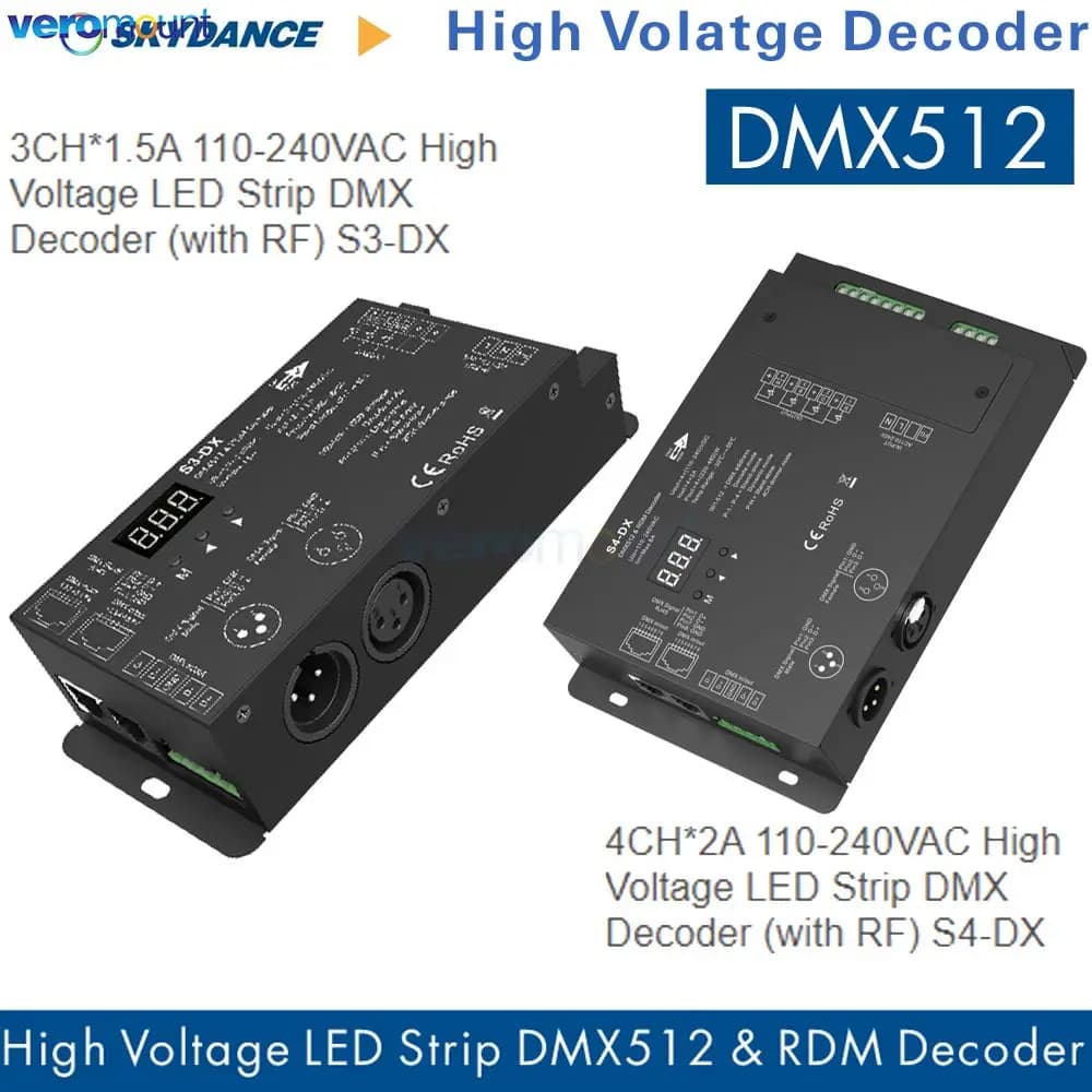 Skydance S3-DX 3CH*1.5A S4-DX 4CH*2A High Voltage 110V 220V AC LED Strip DMX Decoder with RF 3CH RDM Controller XLR3 and RJ45