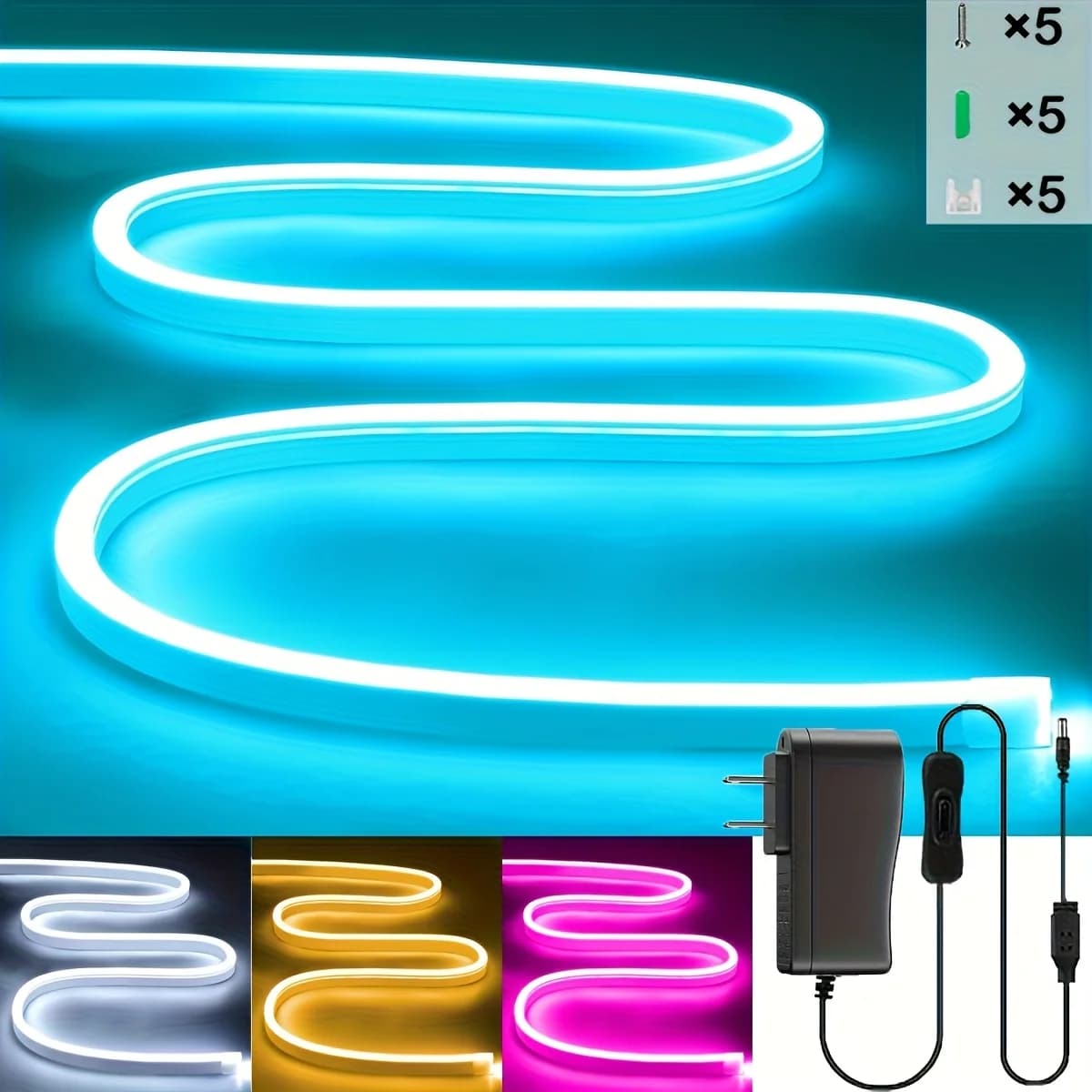 Strisce luminose a LED al neon 32,8 piedi/10 m Bianco/Bianco caldo/Blu ghiaccio/Rosa Impermeabile IP65 Striscia luminosa a LED flessibile Luci a LED per camera da letto, interni ed esterni, alimentatore incluso