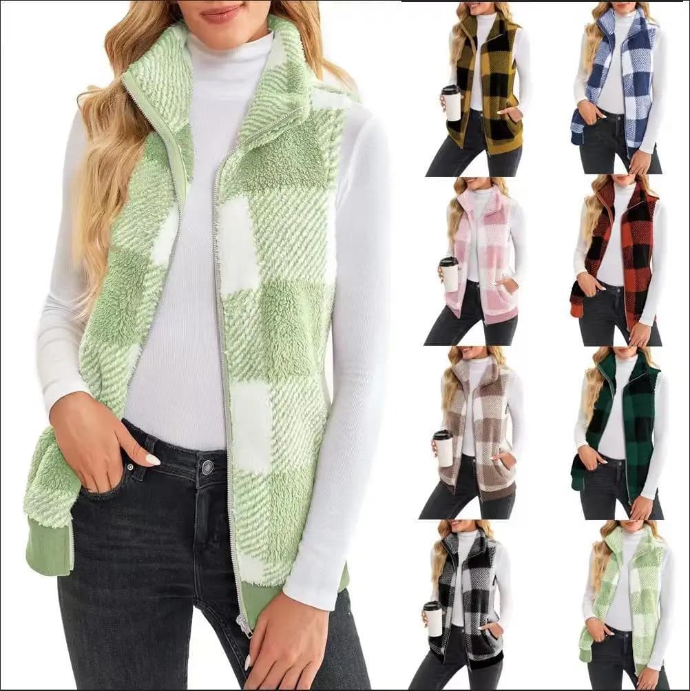 Autumn Winter Plaid Fce Hoodie Vest Women's Cardigan Thick Velvet Material Chinese Production Winter Collection 2023