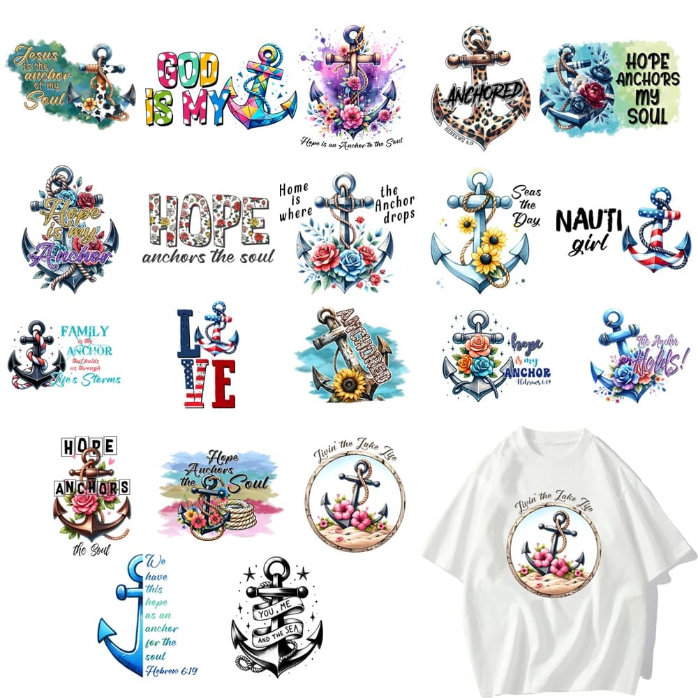 20 tipi di ancoraggio per barche alla moda e personalizzato fiori per cartoni animati DTF Thermo Sticker decalcomanie vestiti a trasferimento termico accessorio fai da te