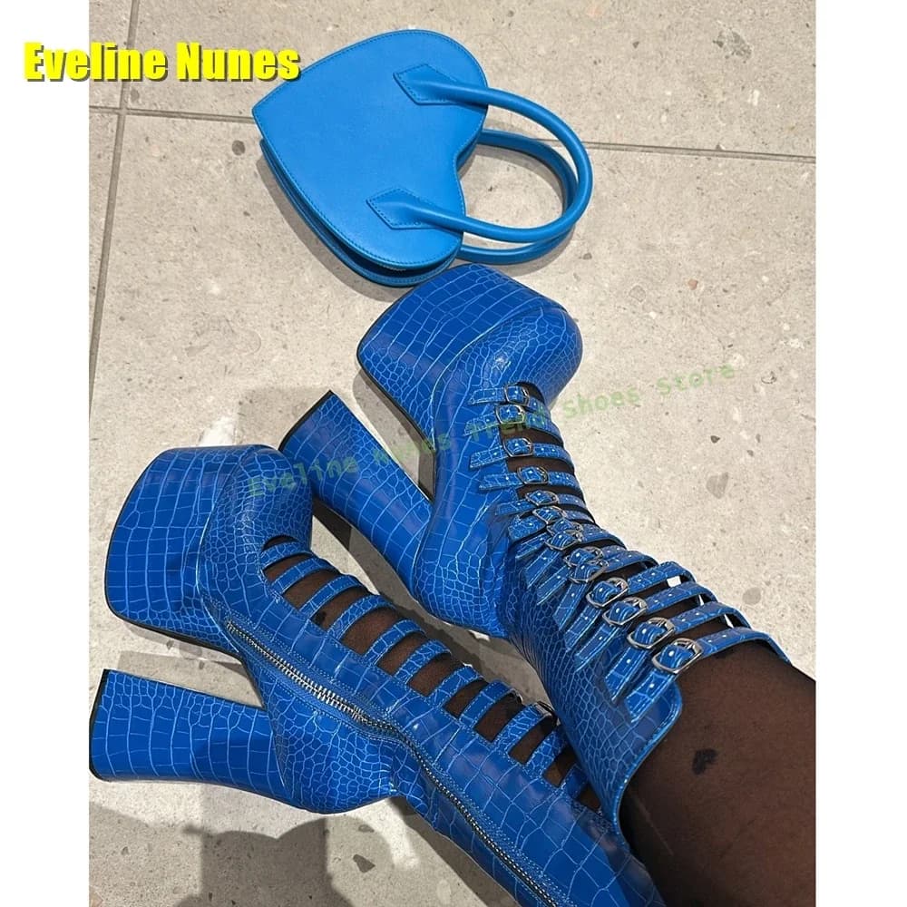 Platform Sandals Platform Pattern Blue Shop Round Toe Pin heels Rising height Belt buckle Cut-Out sexy Gladiator 2025 Summer trend