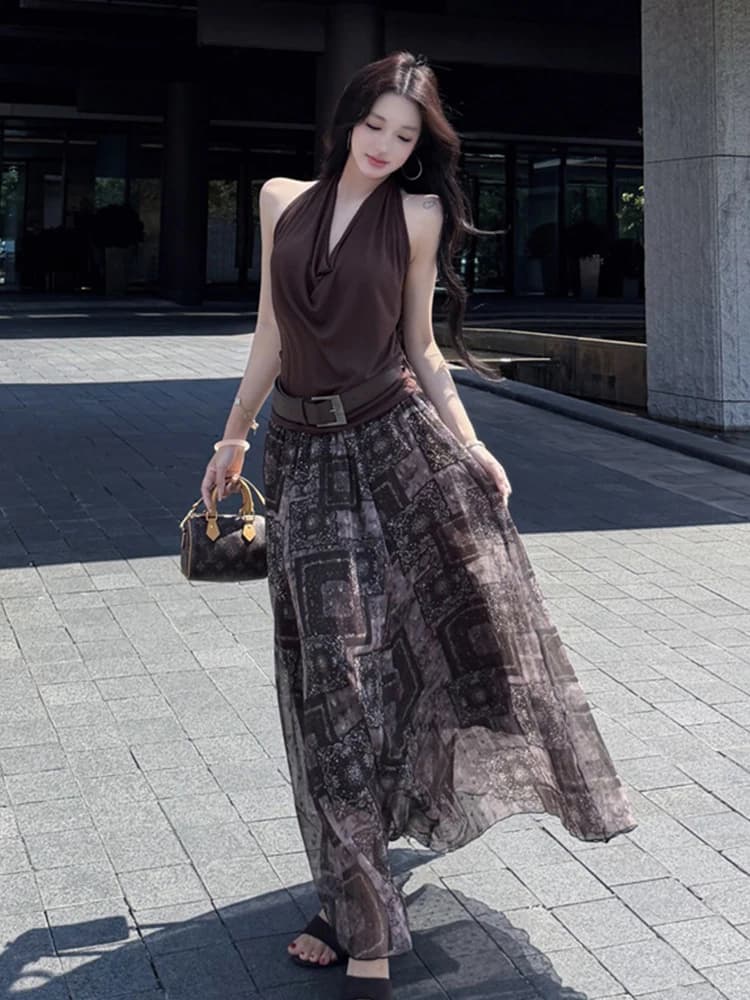 New Women 2 Piece Vintage Outfit Sexy Halter Backless Tops And Chiffon Print Belt A-Line Maxi Skirt Elegant Vacation Casual Set