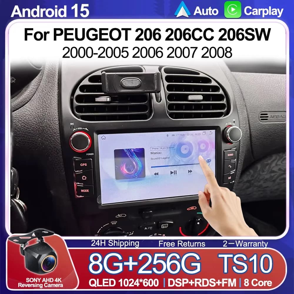 Android 15 Autoradio Per PEUGEOT 206 206CC 206SW 2000-2005 2006 2007 2008 WIFI Lettore Multimediale GPS Navi Video 2 Din Autoradio