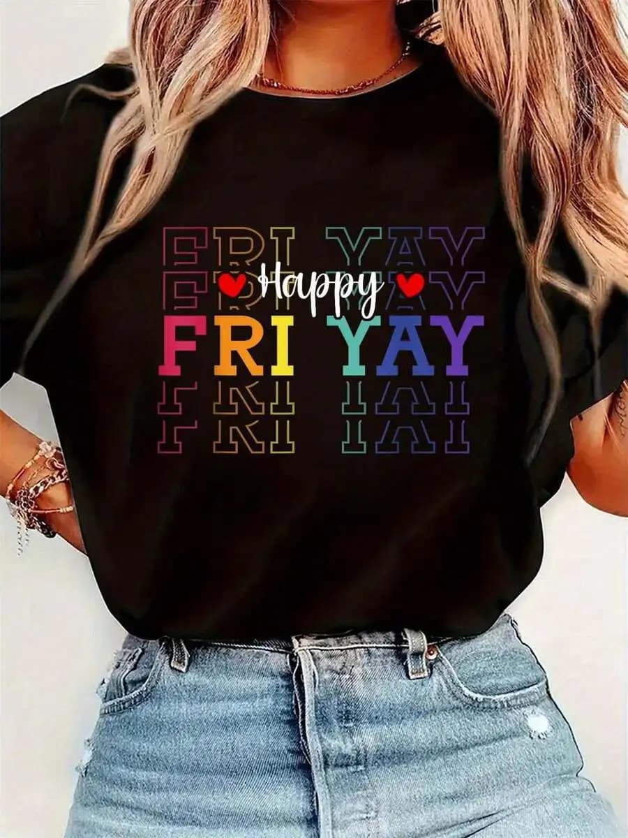 Funny Friday Lover Graphic Print Round Neck Short Sleeve T-Shirt Women Casual Tee