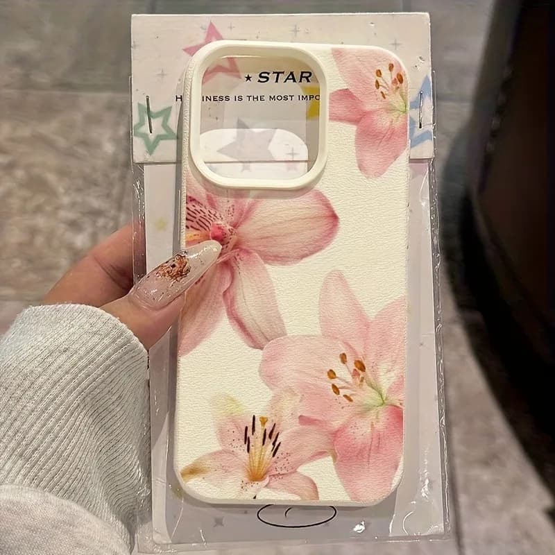 Custodia Protettiva Vintage in Pelle Floreale Rosa con Motivo Giglio Acquerello per iPhone 16 17 15 14 13 12 11 Pro Max