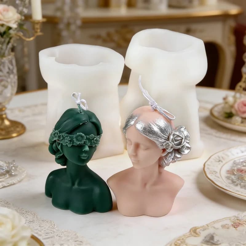 Eleganti Stampi in Silicone per Candele a Forma di Busto Femminile, Sculture 3D di Donna con Occhi Chiusi e Dea Decorata con Rose, Stampo in Resina Morbida per Decorazioni di Lusso