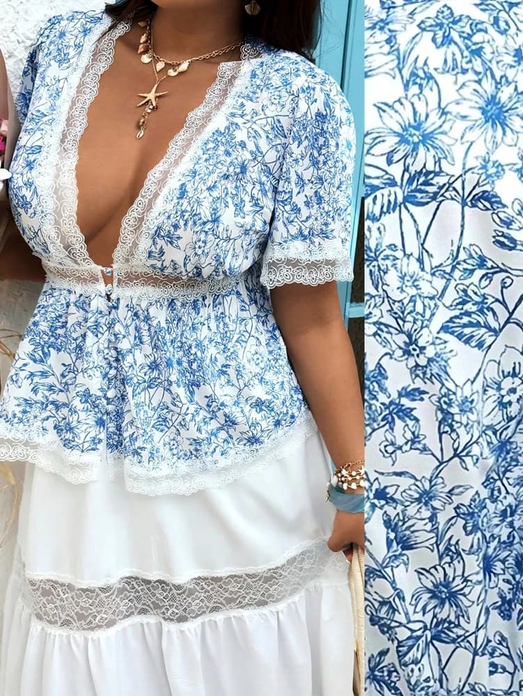 Plus Size 2026 Spring/Fall New Arrival: Blue Floral Print Lace-Trimmed Deep V-Neck Chiffon Blouse with French Resort Style