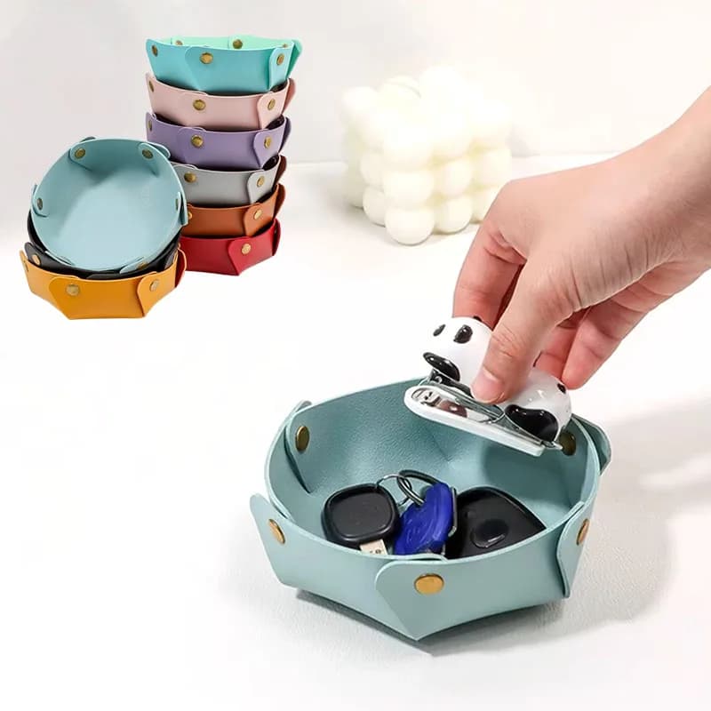 Scatola portaoggetti rotonda pieghevole a scatto in stile coreano Vassoio portaoggetti in pelle per gioielli da tavolo Vassoio portaoggetti per chiavi cosmetici