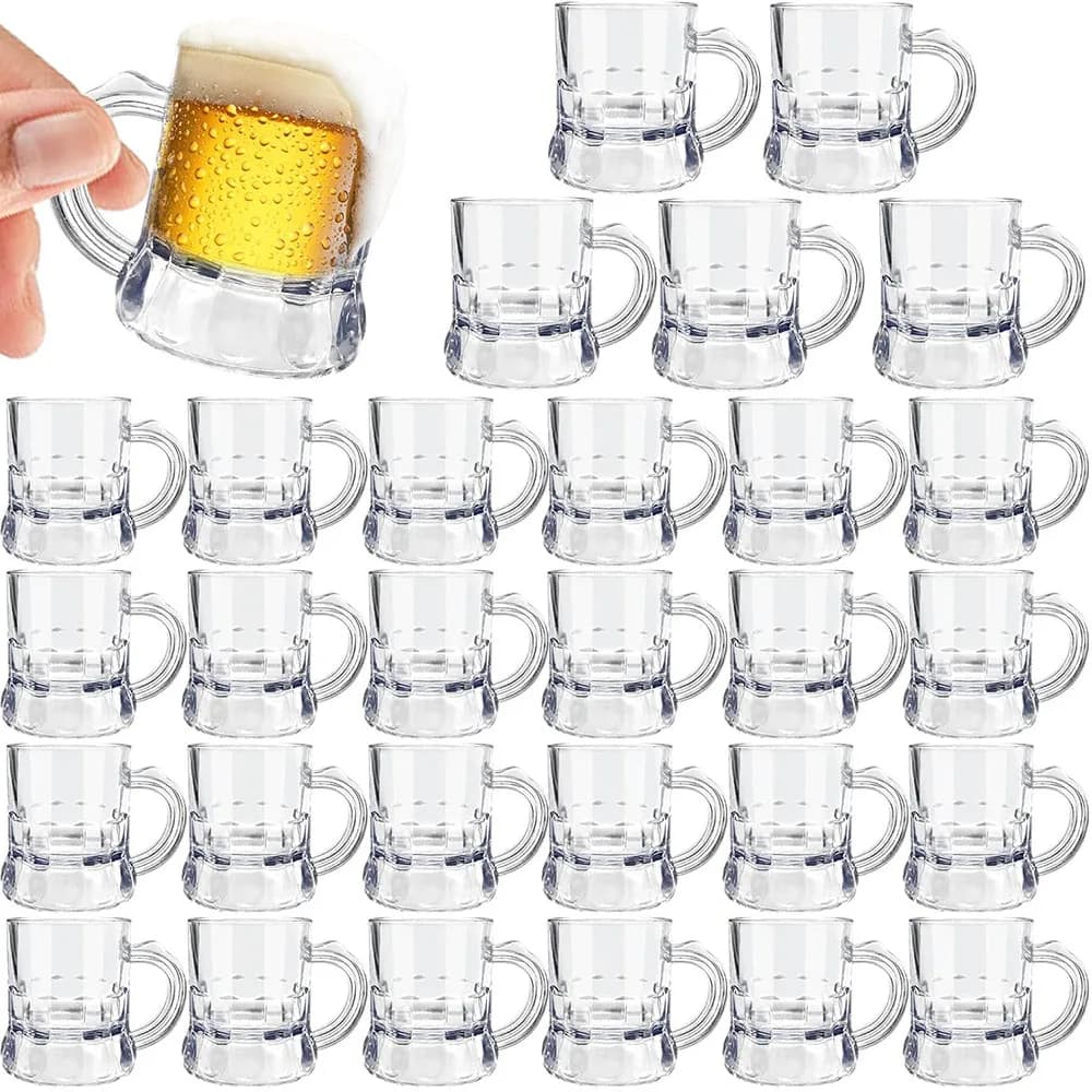 Mini Bicchieri da Birra in Plastica, Bicchierini da 30ml Trasparenti con Manici, Bicchieri Riutilizzabili per Degustazione di Birra, Whisky e Succhi
