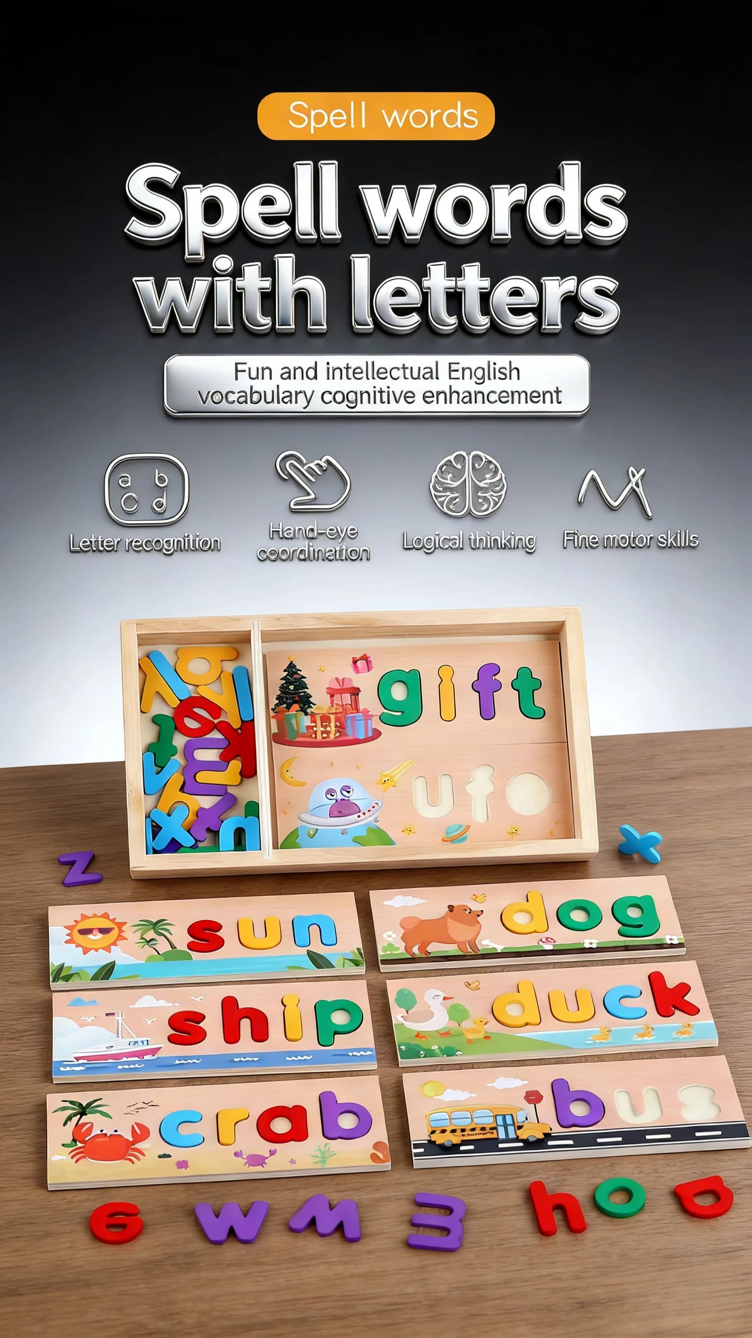 Blocchi di Costruzione in Legno Montessori a Doppia Faccia con Grandi Lettere, Materiale Sicuro, Sviluppo delle Abilità Motorie e Educazione Visiva delle Parole 3+