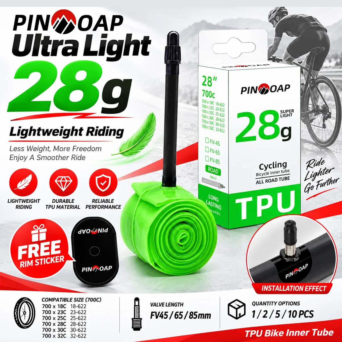 PINMOAP Lightweight TPU Bicycle Inner Tube 700C 18-32C Road Bike Tire Tube Ultralight Cycling Replacement Tube FV45/65/85mm