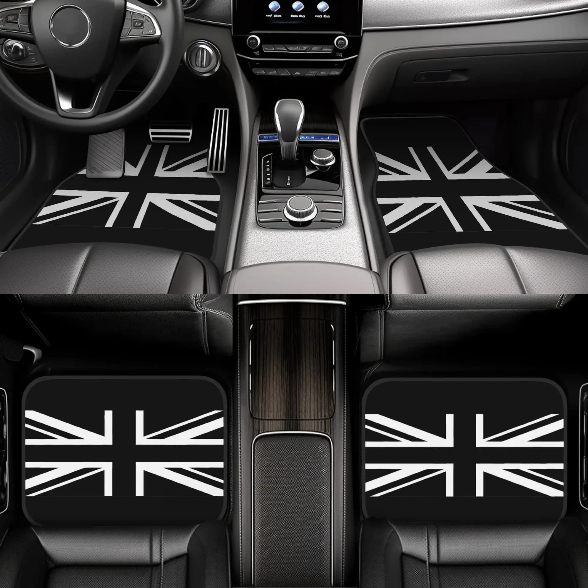4pcs Union Jack Car Floor Mats - British Flag Design (Union Jack), Non-Slip Grip, Full Coverage Front & Rear Seats, Easy-to-Clea